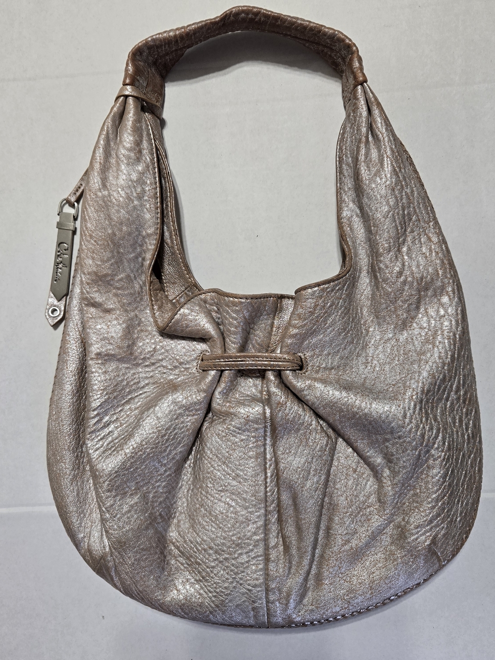 Cole Haan Metallic Champagne Pebbled Hobo Shoulder Bag Tassel & Bag Charm - Picture 9 of 9